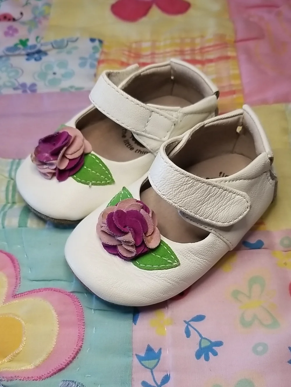 Livie & Luca White Leather Mary Jane Shoes with Purple & Pink Suede Flower 6-12